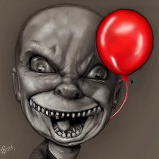 Prompt: surrealism grunge cartoon portrait sketch of chucky with a wide smile and a red balloon, by michael karcz, loony toons style, freddy krueger style, horror theme, detailed, elegant, intricate