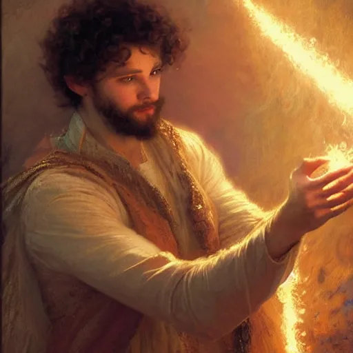 Image similar to a handsome young man with curly brown hair summons a ball of light into his hand. dramatic. cinematic. holy. saintly. demigod. lord of light. gaston bussiere. geoffroy thoorens