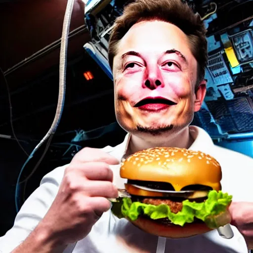 Image similar to elon musk eating burger in space, hd photo