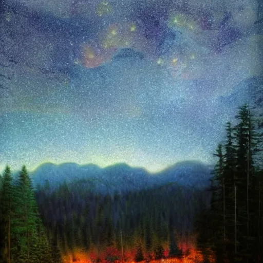 Image similar to incredible scenery mountainscape picturesque forest woods at night countryside beautiful stars stars in the sky by james gurney artstation hyperrealism photo - realistic lifelike photography photorealistic