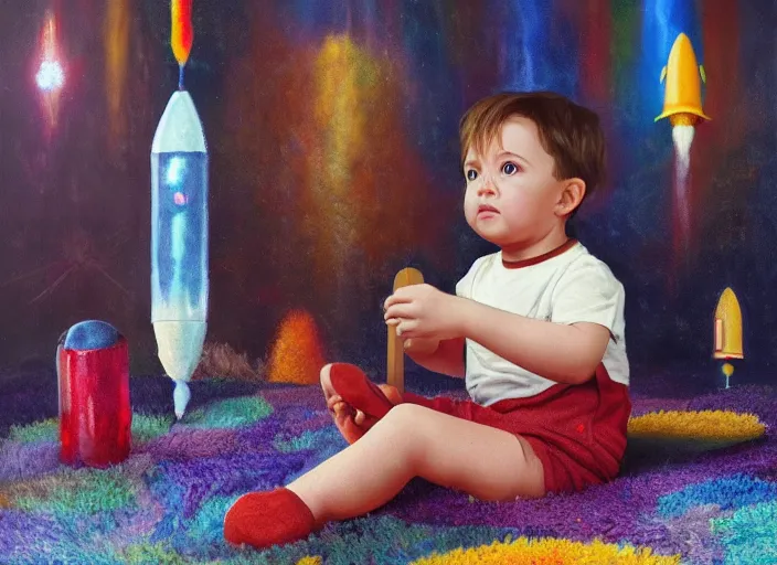 Prompt: toddler elon musk sitting on a shaggy rug playing with his big shiny rockets, holding a rocket, bedroom, realistic painting, beautiful lighting, istvan sandorfi
