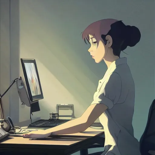 Image similar to beautiful scene render of a person sitting at a desk, looking at monitor, steaming coffee on desk, dimly lit bedroom, perfectly shaded, atmospheric lighting, style of makoto shinkai and peter mohrbacher, studio ghibli. artgerm, karol bak, beeple, animation style, 8 k hd, ultra wide angle, hyper detailed