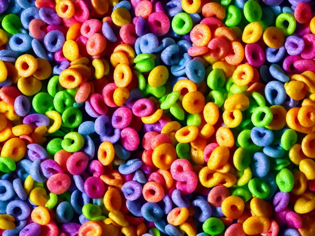 Image similar to bowl of fruit loops in milk, high realism, high contrast, bump map, crunchy, glossy, high detail, stylized, pixar, substance painter, octane render