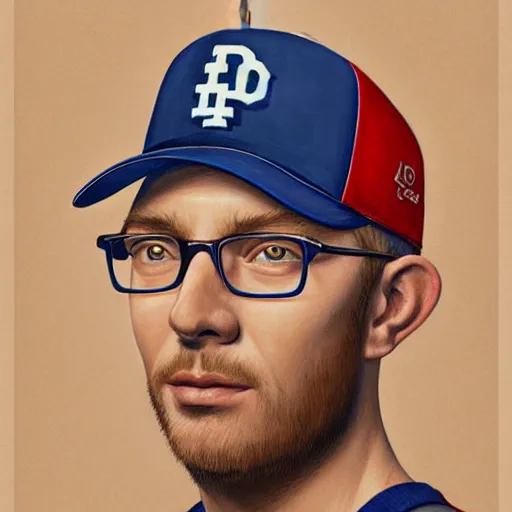 Prompt: portrait painting of blonde, fair skin, man in a dodgers hat wearing glasses, happy, round face, ultra realistic, concept art, intricate details, serious, highly detailed, photorealistic, octane render, 8 k, unreal engine. art by artgerm and greg rutkowski and alphonse mucha