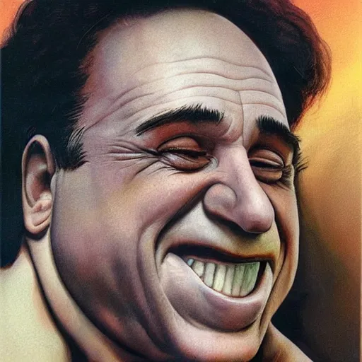 Image similar to portrait of the face of danny devito smiling sly intricate detailed by boris vallejo