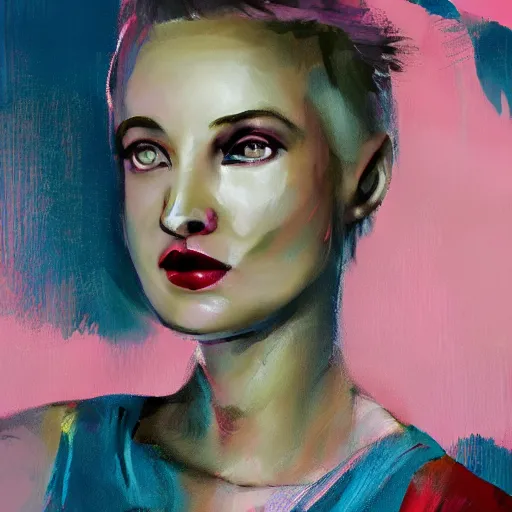 Image similar to portrait of a young woman with short pink spiky hair and dark eyes, 8 k, digital paint