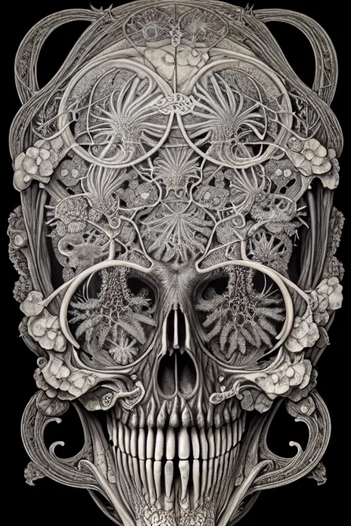 Image similar to art forms of nature by ernst haeckel, memento mori by arthur rackham, ornate antique porcelain beautiful skull mask, ultrasharp, photorealistic, hyperdetailed, octane render, polished, art nouveau, neo - gothic, gothic, intricate ornamental organic filigree, art nouveau botanicals, art forms of nature by ernst haeckel, horizontal symmetry, symbolist, visionary