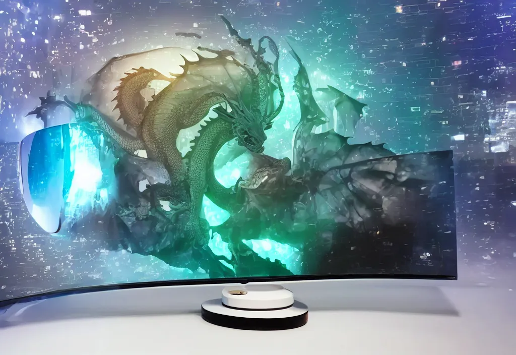 Image similar to curved transparent 3 dtv dragon popping out of tv, volumetric lighting, bedroom, visor, users, pair of keycards on table, bokeh, creterion collection, shot on 7 0 mm, instax