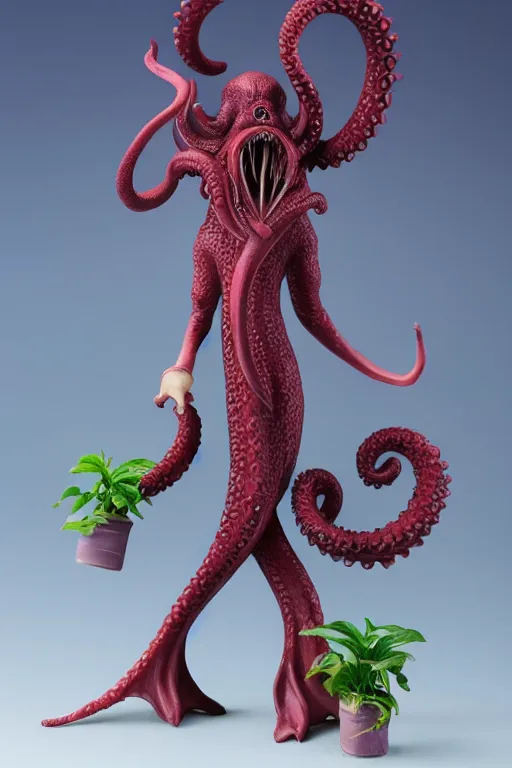 Prompt: figurine of cthulu wearing an elegant summer blouse, personification, official store photo, commercial photo, featured on amiami, lovecraftian, cosmic horror, 8 k, 8 5 mm, beautiful composition