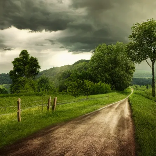 Prompt: dordogne typical landscape, hills in the background, summer, river, ultra detailed, ultra sharp, award winning. 8 k, flowers, trees, old house, thunderstorm and rain, very dark clouds. heavy rain, rick sanchez in foreground, octane render.