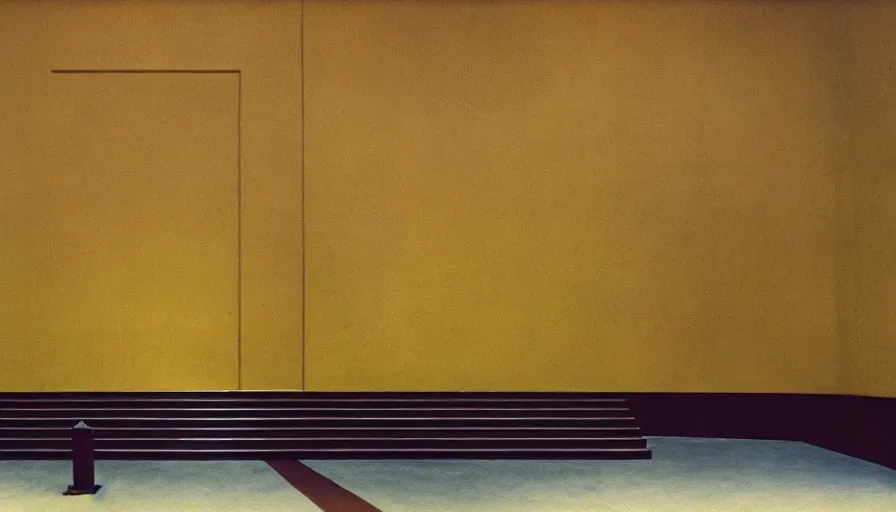 Image similar to 60s movie still of a sovietic stalinist style empty art museum with a soviet congress with yellow wall, DIY REDSCALE, liminal Space style, heavy grain