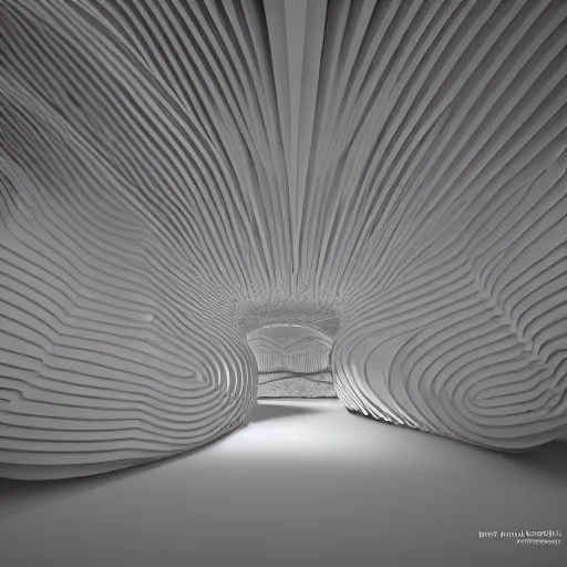 Image similar to designed by santiago calatrava ; highly detailed ultra sharp 3 d render villa interior cinematic composition of a smooth ceramic porcelain biomorphic magnolia stone nebula fluid fractal sci - fi surreal architecture