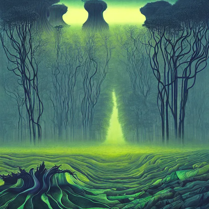 Image similar to charles burchfield art painting, beautiful arboreal forest by Adriaan Herman Gouwe, oregon washington rain forest by beeple, the sun glitchart, glitch effect sunlight, alien dream worlds, hellscape, seascape, with surreal architecture designed mega structures inspired by Garden of Earthly Delights, vast surreal landscape and horizon