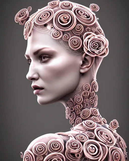 Image similar to mythical dreamy organic bio - mechanical spinal ribbed profile face portrait detail of translucent steampunk beautiful intricated monochrome angelic - human - queen - vegetal - cyborg, highly detailed, intricate translucent pale pink ivy jelly ornate, poetic, translucent roses ornate, 3 d render, digital art, octane render, 8 k artistic photography