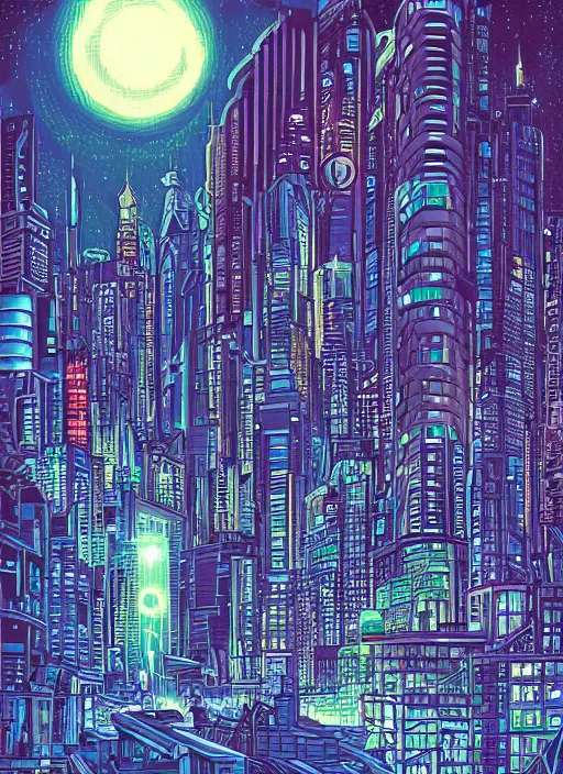 Prompt: a futuristic city at night by Dan Mumford
