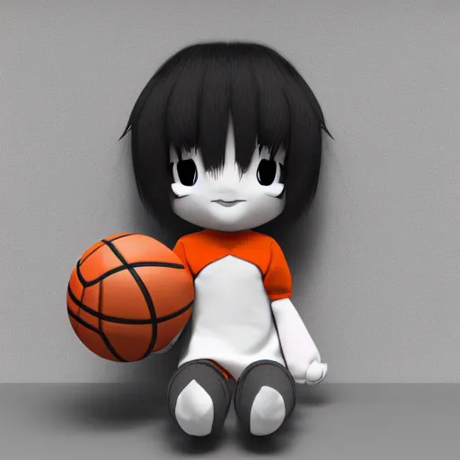 Prompt: cute fumo plush of a girl who plays basketball, black and white and orange, vray caustics