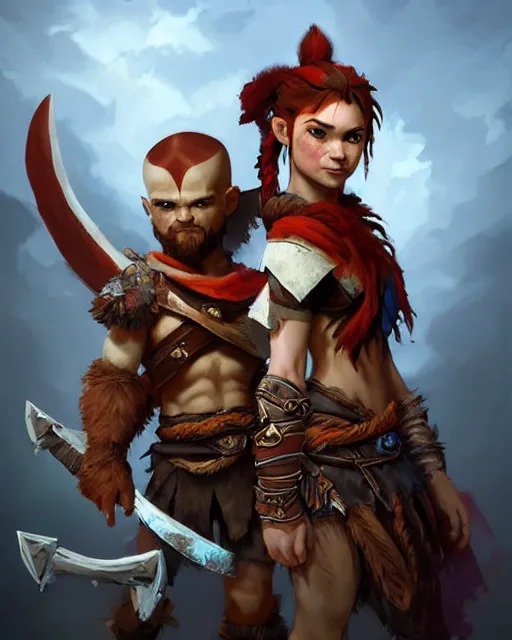 Image similar to cute little anthropomorphic kratos and aloy cute and adorable, pretty, beautiful, dnd character art portrait, matte fantasy painting, deviantart artstation, god of war, horizon zero dawn, by jason felix by steve argyle by tyler jacobson by peter mohrbacher