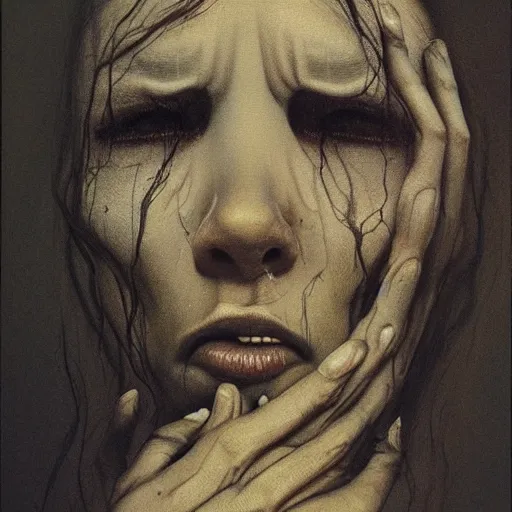 Image similar to Horror portrait of the face of a woman melting, illustrated by Zdzisław Beksiński, in a gloomy and unsettling art style, trending on artstation, artstationHQ, artstationHD, 4k, 8k