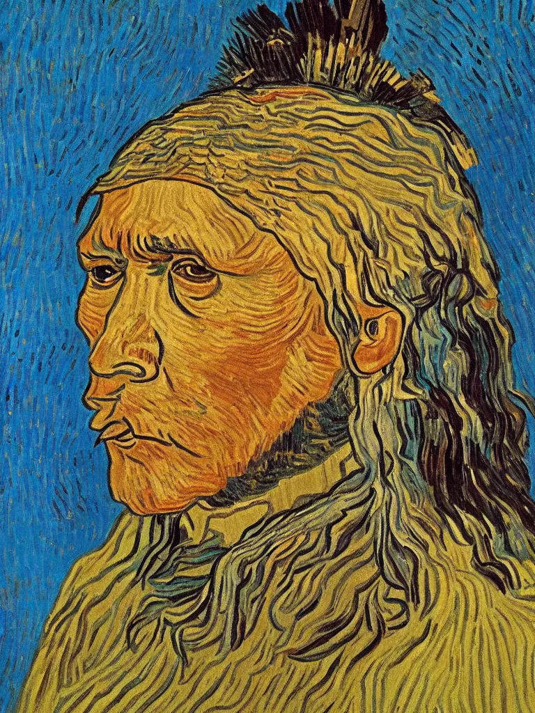 Image similar to Chief of the Native American tribe, portrait by Van Gogh