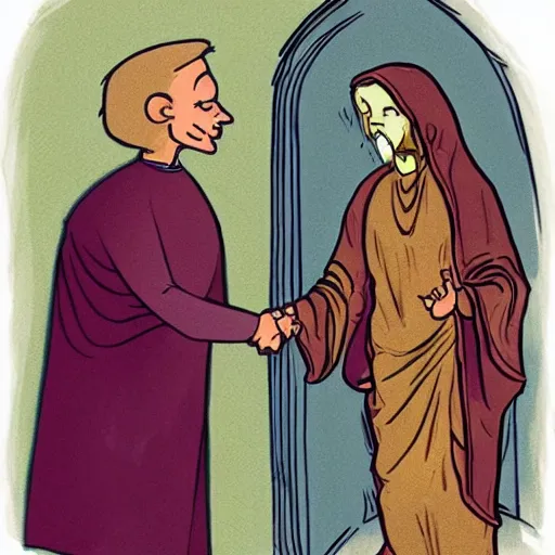 Image similar to A lizard person shaking hands with a religious icon, concept art