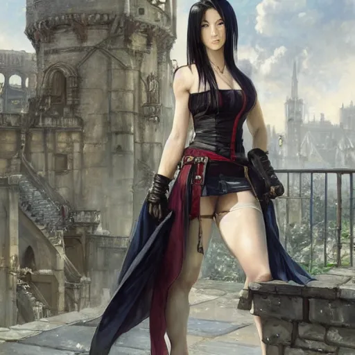 Image similar to a painting of tifa from final fantasy 7, in kings landing from game of thrones, sitting majestic on the iron throne, by greg rutkowski, artgerm, wlop, ruan jia, krenz cushart, alphonse mucha, marble, gold, unreal engine 5