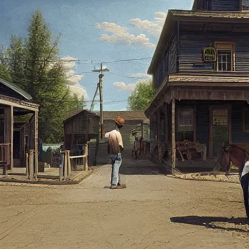 Prompt: from a movie scene, painting of a western saloon exterior in old town, gregory crewdson