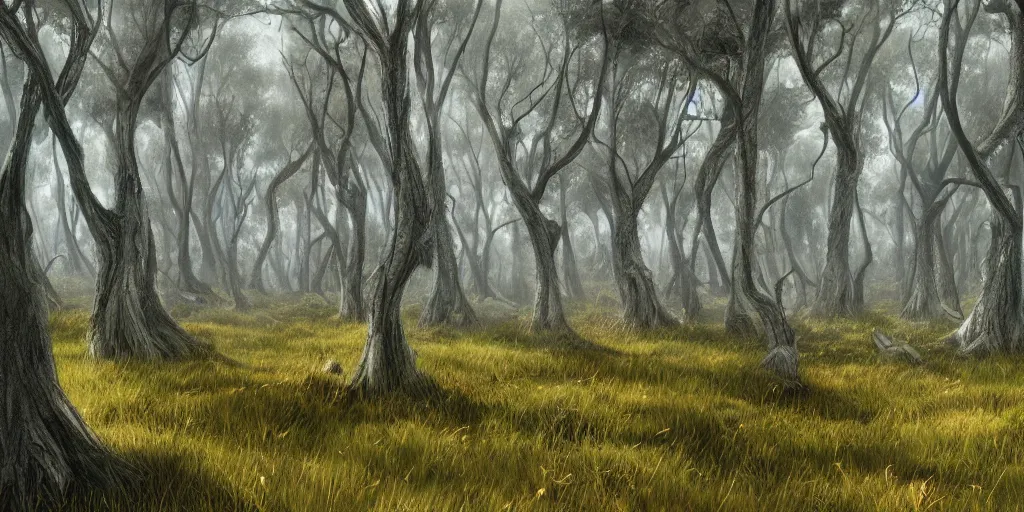 Prompt: forest of windswept windswept windswept trees, high quality fantasy art, 4k