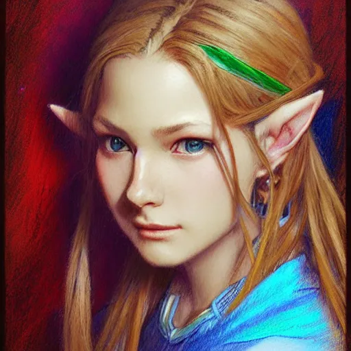 Image similar to zelda portrait, Crayon, textured art by Stanley Artgerm Lau , greg rutkowski, thomas kindkade, alphonse mucha, loish, norman rockwell