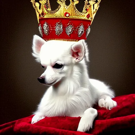 Image similar to fluffy white chihuahua king wearing a red and gold crown cinematic composition, digital art, cute