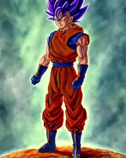 Image similar to a oil / watercolor painting full body character portrait of an old saiyan soldier powering up to protect his family in the style of moebius in the style of leonard boyarsky trending on artstation deviantart pinterest detailed photorealistic highlights and shadow hd 8 k post - processing high resolution