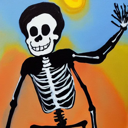 Prompt: smiling skeleton with puffy blue jacket and black shorts, painting