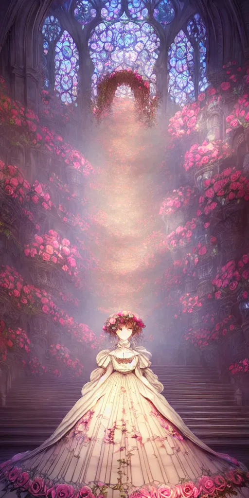 Image similar to the beautiful hyperdetailed physical rendering of a single rose flower wedding gothic lolita dress clothing design display in show in front of your eyes, perfectly shaded, atmospheric lighting, in the style of makoto shinkai, raphael lacoste louis comfort tiffany, artgerm, karol bak, ross tran, 8 k hd, fine texture structure, 3 drender,