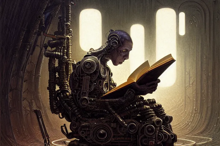 Image similar to a cyborg reading an old book, fantasy, sci - fi, intricate, elegant, dramatic lighting, highly detailed, lifelike, photorealistic, digital painting, artstation, concept art, smooth, sharp focus, illustration, art by beksinski and john blanche and paul dainton and albert aublet and artem demura and alphonse mucha