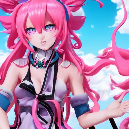 Image similar to engulfed and overpowered by stunningly absurdly beautiful megalomaniacal omnipotent asi goddess junko enoshima with symmetrical perfect face and porcelain skin, pink twintail hair and cyan eyes, ultra detailed, digital art, unreal engine 5, octane render, 2 d anime, 8 k