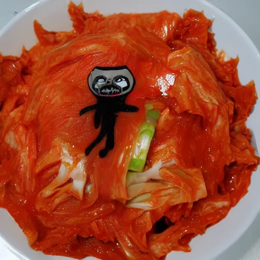 Image similar to an ominous terrifying being made of kimchi and hatred
