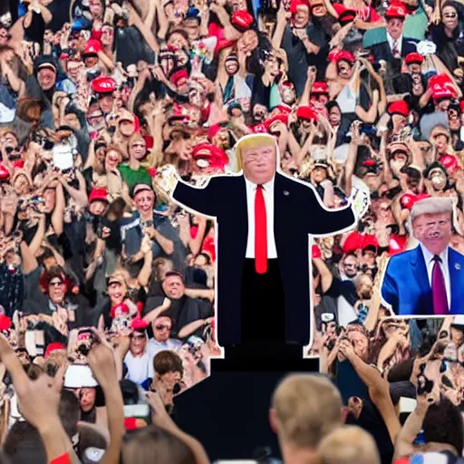 Image similar to enoumous crowd of millions of people, everyone is laughing and pointing at donald trump on a podium with not wearing pants. style of caricature drawing.