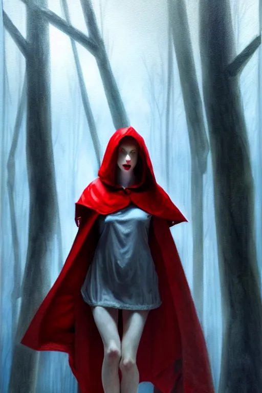 Image similar to hyperrealistic mixed media painting of beautiful Red Riding Hood, pale skin, full body, nervous expression, shadowy wolf figure looming overhead in background, stunning 3d render inspired art by P. Craig Russell and Barry Windsor-Smith + perfect facial symmetry + dim volumetric lighting, 8k octane beautifully detailed render, post-processing, extremely hyperdetailed, intricate, epic composition, grim yet sparkling atmosphere, cinematic lighting + masterpiece, trending on artstation, very very detailed, masterpiece, stunning