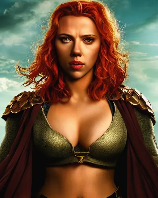 Image similar to scarlett johansson portraying a beautiful shanna the she devil from marvel, beautiful scarlett johansson shanna the she devil from marvel comics, movie, hyper realistic, hollywood promotional image, imax, 8 k