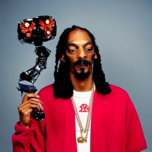 Image similar to Snoop Dogg holding a robot for a 1990s sitcom tv show, Studio Photograph, portrait, C 12.0