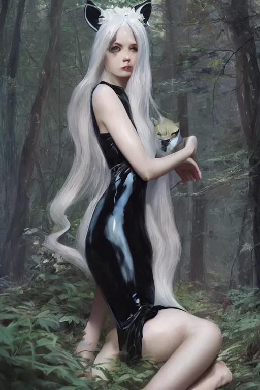Prompt: woman with cat ears in a dress in a forest, detailed black latex dress, beautiful model girl face, white hair, by jeremy lipking, by yoshitaka amano, by artgerm, digital art, octane render, vector art, portrait painting
