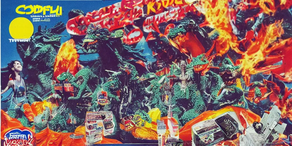 Prompt: Hindu Gremlin Godzilla Space Cowboys, catalogue photography, exciting toy commercial circa 1992