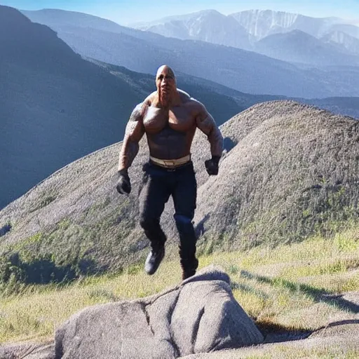 Image similar to real life photo of dwayne the rock johnson in front of a mountain