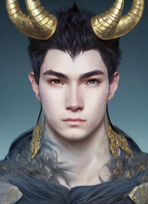 Prompt: portrait of a handsome young warrior with horns, clean - shaven, realistic anime, intricate, highly detailed, unreal engine 5, 8 k, digital fantasy illustration, art by rossdraws and alphonse mucha, sharp focus, octane render, trending on artstation,
