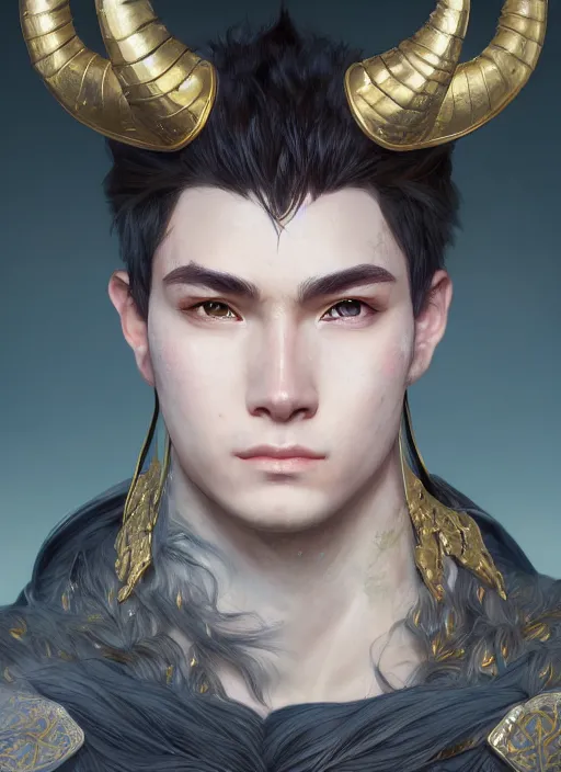 Image similar to portrait of a handsome young warrior with horns, clean - shaven, realistic anime, intricate, highly detailed, unreal engine 5, 8 k, digital fantasy illustration, art by rossdraws and alphonse mucha, sharp focus, octane render, trending on artstation,