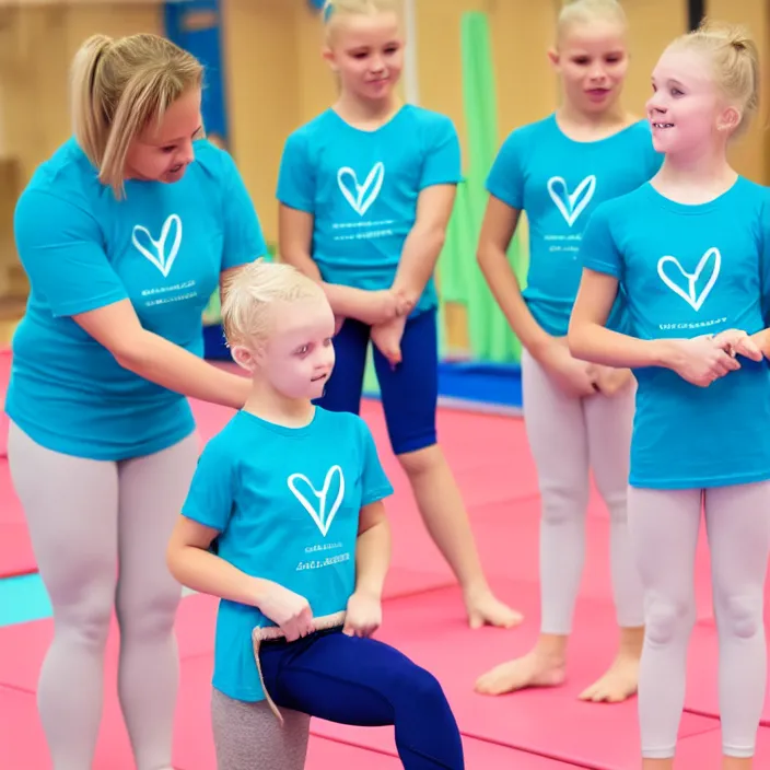 Image similar to blonde ymca gymnastics coach with aquamarine t shirt with y logo on it teaching kids gymnastics, high detail, good lighting