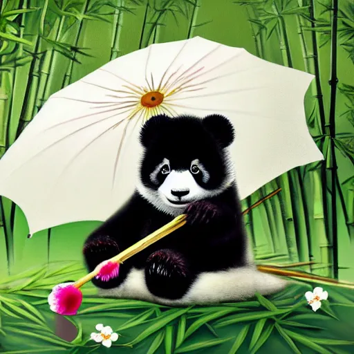 Image similar to cute fluffy baby panda holding a parasol, background of bamboo and cherry blossom trees, detailed painting 4 k