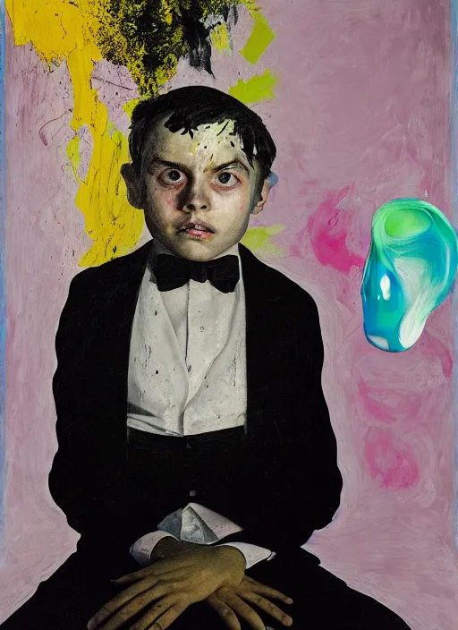 Image similar to portrait of a child piano player in tuxedo painted by vincent lefevre and hernan bas and pablo amaringo and pat steir and hilma af klint, psychological, photorealistic, dripping paint, washy brush, rendered in octane, altermodern, masterpiece