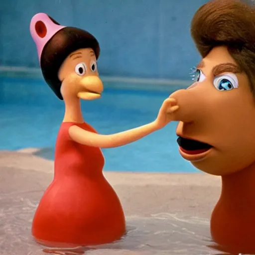 Prompt: a woman and her friend, an anthropomorphic nostril in a swimming pool, live-action children's television show, 1974, technicolor