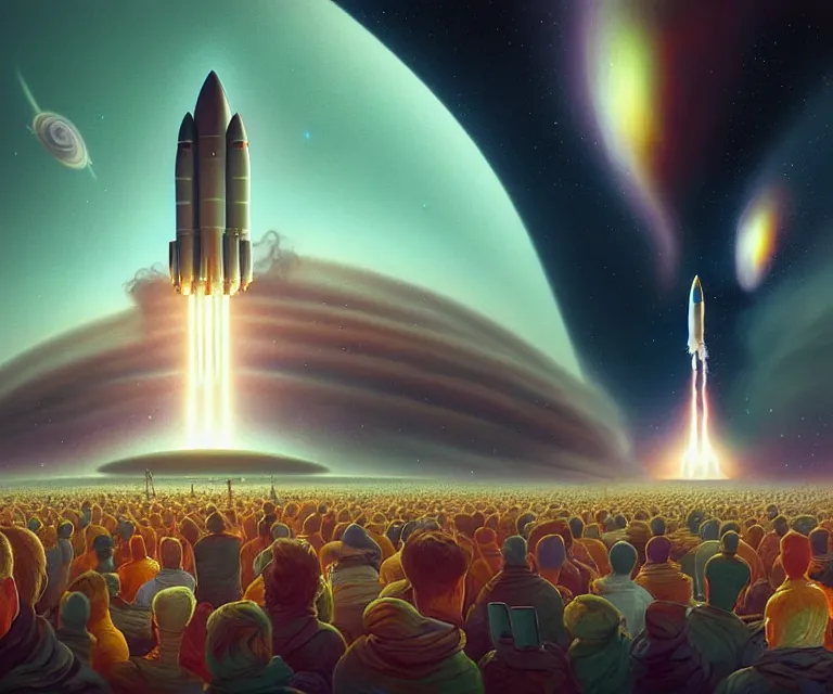 Image similar to hyper detailed 3d render like a Oil painting - crowds gather at a spaceport on a beautiful faraway planet to watch a rocket blast off, large gas giant in the dramatic nebula-filled alien sky, retrofuturistic science fiction vibe, by Jacek Yerka, Mariusz Lewandowski, Houdini algorithmic generative render, Abstract brush strokes, Masterpiece, Edward Hopper and James Gilleard, Zdzislaw Beksinski, Mark Ryden, Wolfgang Lettl, hints of Yayoi Kasuma, octane render, 8k