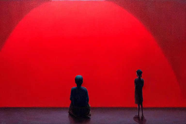 Image similar to only with red, netflix studios with workers at work, a big mickey mouse head in the middle, in the style of beksinski, parts by edward hopper, parts by rodcenko, parts by yue minjun, intricate and epic composition, red by caravaggio, insanely quality, highly detailed, masterpiece, red light, artstation, 4 k